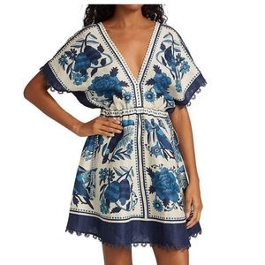 Farm Rio • Tropical Tiles Linen Blend Dress in Blue XS